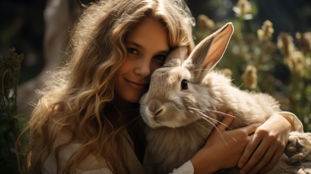 a woman hugging flemish giant rabbit