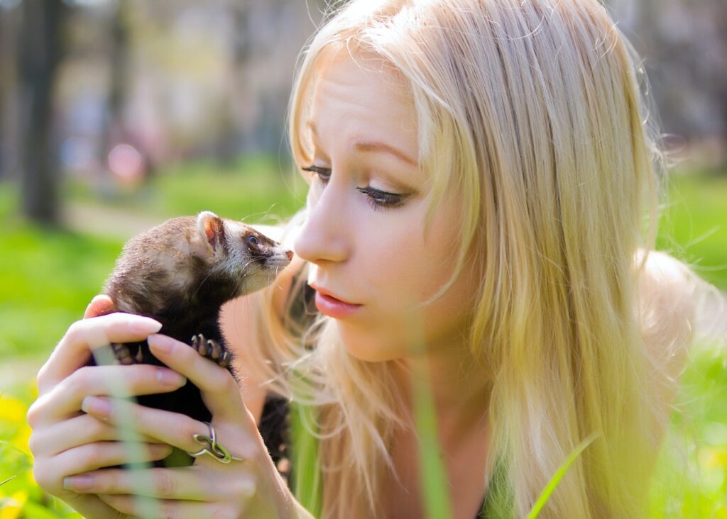 blonde woman caring about black-footed ferret